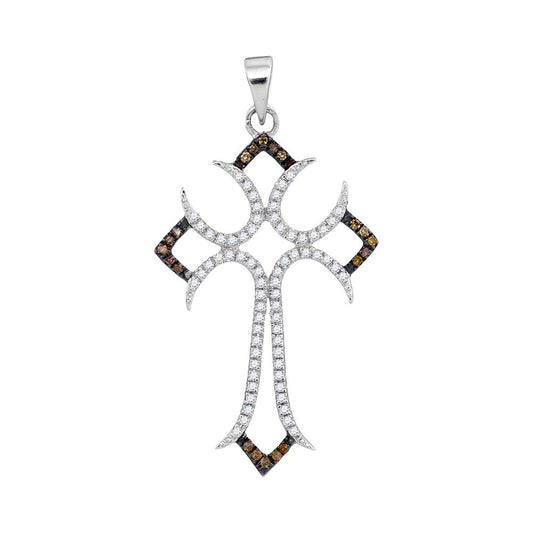 0.25 Ctw Natural Diamond Brown White Cross Religious Pendant in 10k White Gold