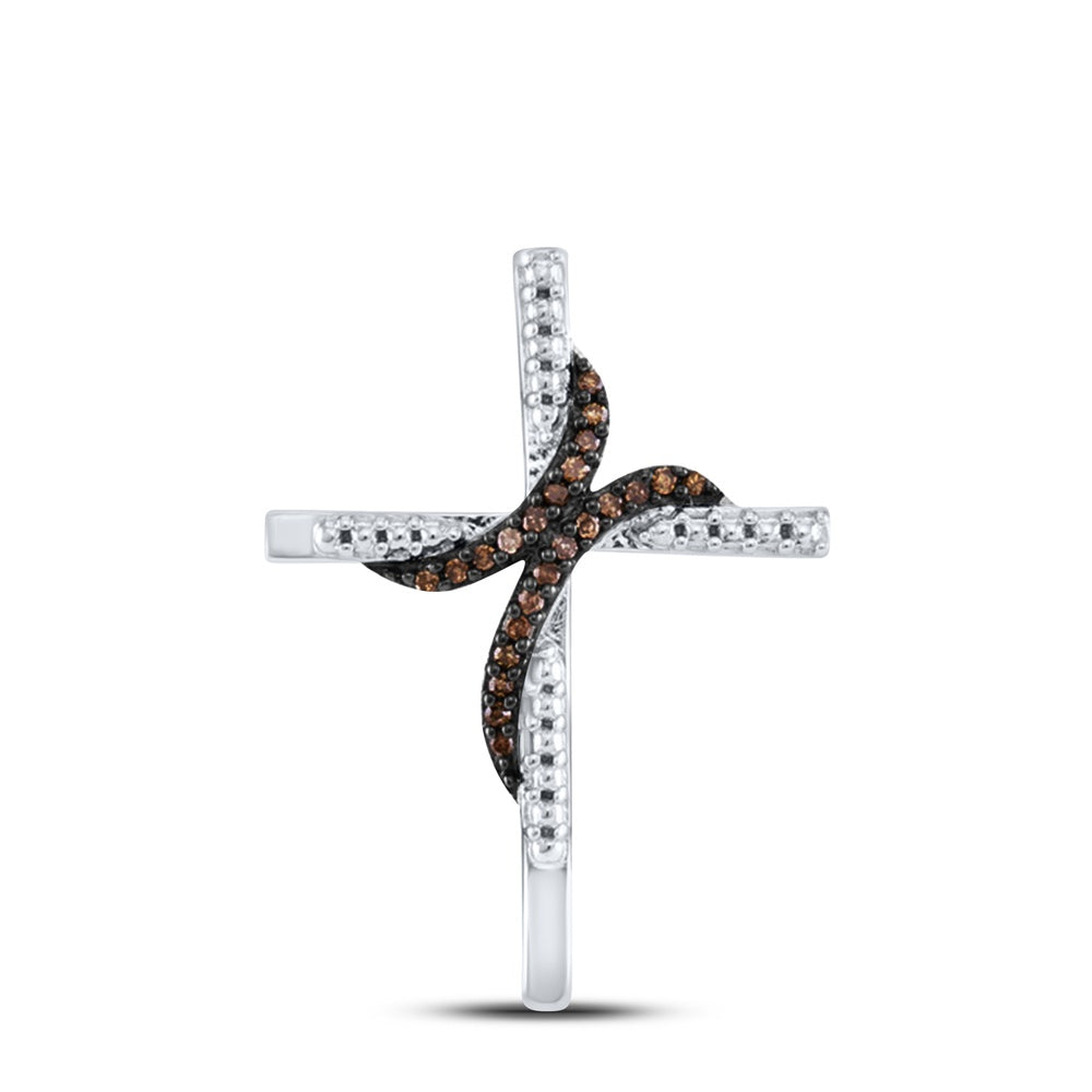 0.12 Ctw Natural Diamond Brown White Cross Pendant in 10k White Gold
