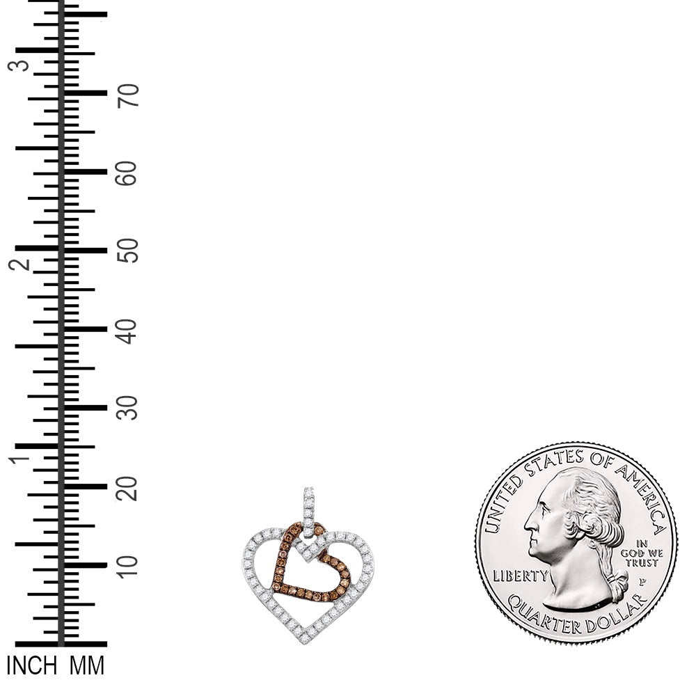0.3 Ctw Natural Diamond Brown Chocolate 2 Two Double Open Heart Pendant in 10k White Gold