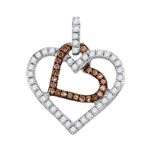 0.3 Ctw Natural Diamond Brown Chocolate 2 Two Double Open Heart Pendant in 10k White Gold