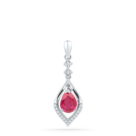 1.07 Ctw Natural Diamond Red Ruby Teardrop Pendant in Sterling Silver