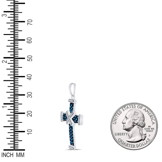0.25 Ctw Natural Diamond Blue White Cross Religious Pendant in Sterling Silver