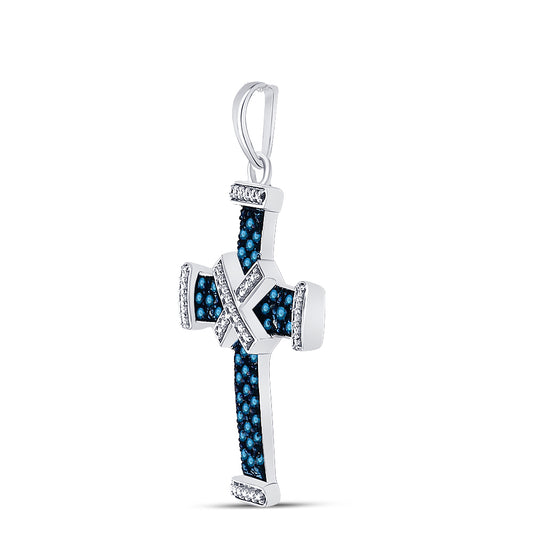 0.25 Ctw Natural Diamond Blue White Cross Religious Pendant in Sterling Silver