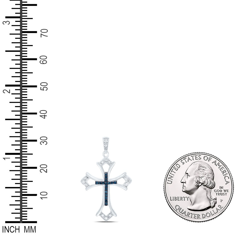 0.1 Ctw Natural Diamond Blue White Cross Religious Pendant in Sterling Silver