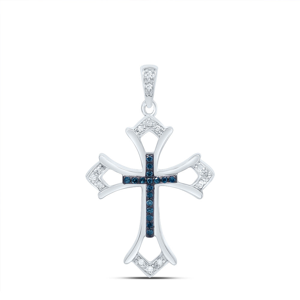 0.1 Ctw Natural Diamond Blue White Cross Religious Pendant in Sterling Silver