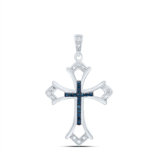 0.1 Ctw Natural Diamond Blue White Cross Religious Pendant in Sterling Silver