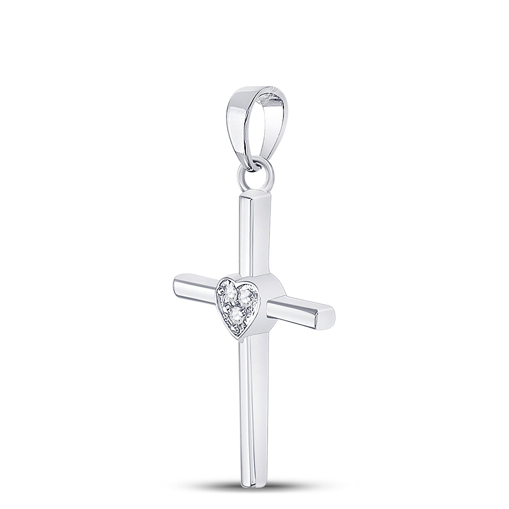 0.03 Ctw Natural Diamond Heart Center Cross Pendant in Sterling Silver