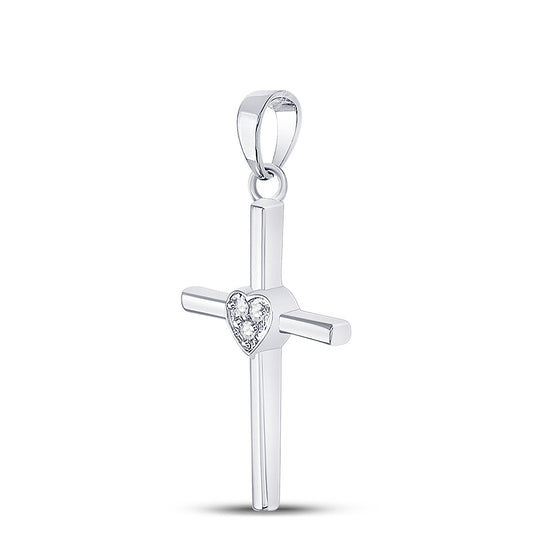 0.03 Ctw Natural Diamond Heart Center Cross Pendant in Sterling Silver