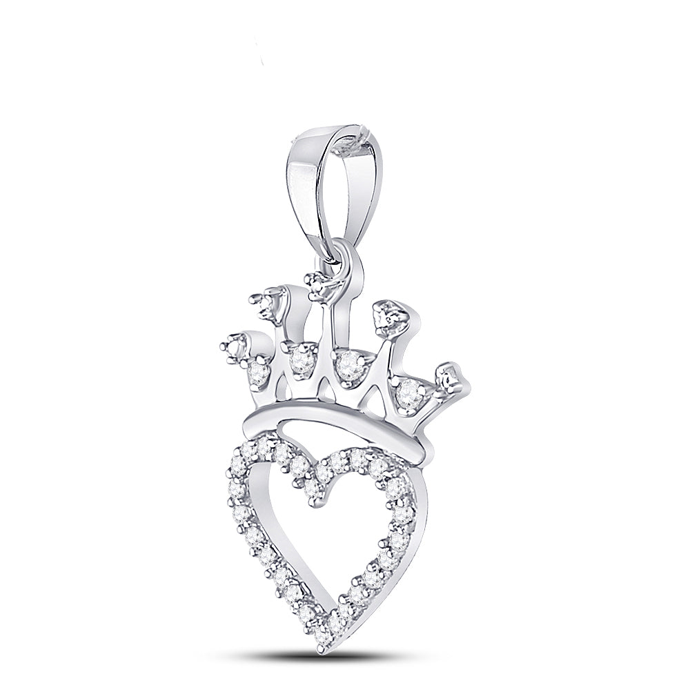 0.1 Ctw Natural Diamond Crown Open Heart Gift Pendant in Sterling Silver