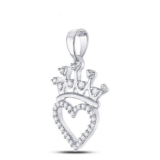 0.1 Ctw Natural Diamond Crown Open Heart Gift Pendant in Sterling Silver