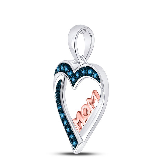 0.1 Ctw Natural Diamond Blue Pink Mom Heart Mothers Day Pendant in Sterling Silver