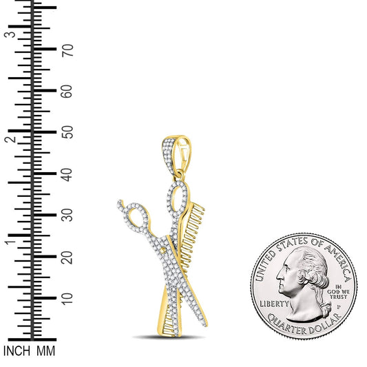 0.75 Ctw Natural Diamond Scissor Comb Barber Shop Pendant in 10k Yellow Gold