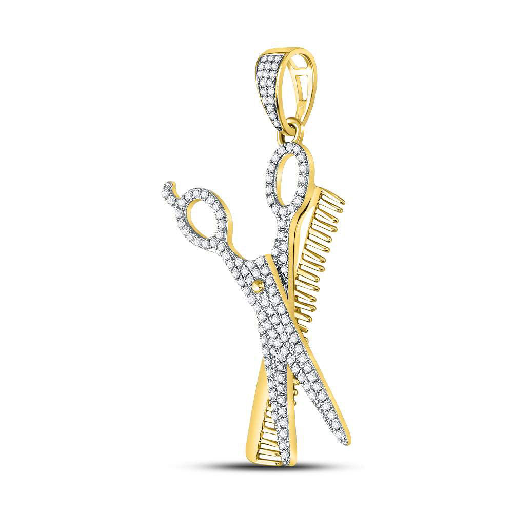 0.75 Ctw Natural Diamond Scissor Comb Barber Shop Pendant in 10k Yellow Gold