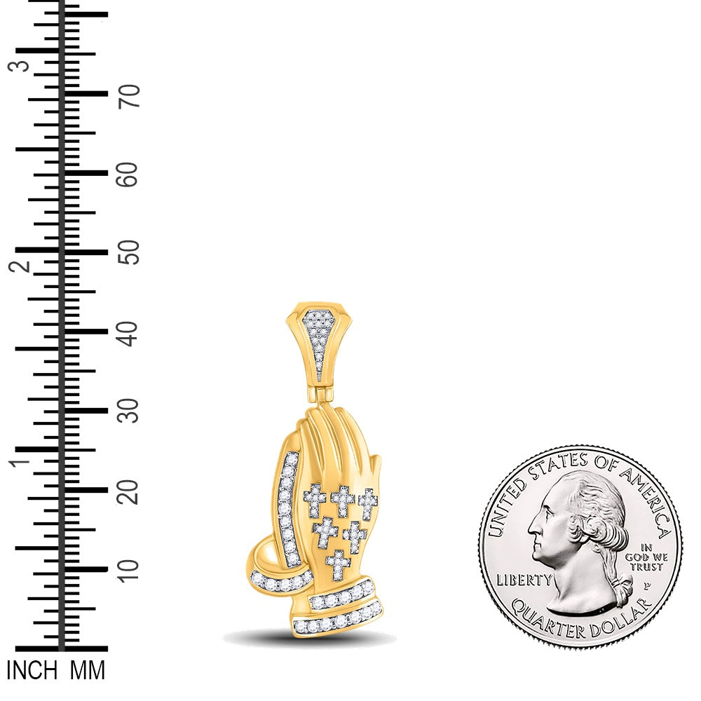 0.62 Ctw Natural Diamond Praying Hands Cross Pendant in 10k Yellow Gold