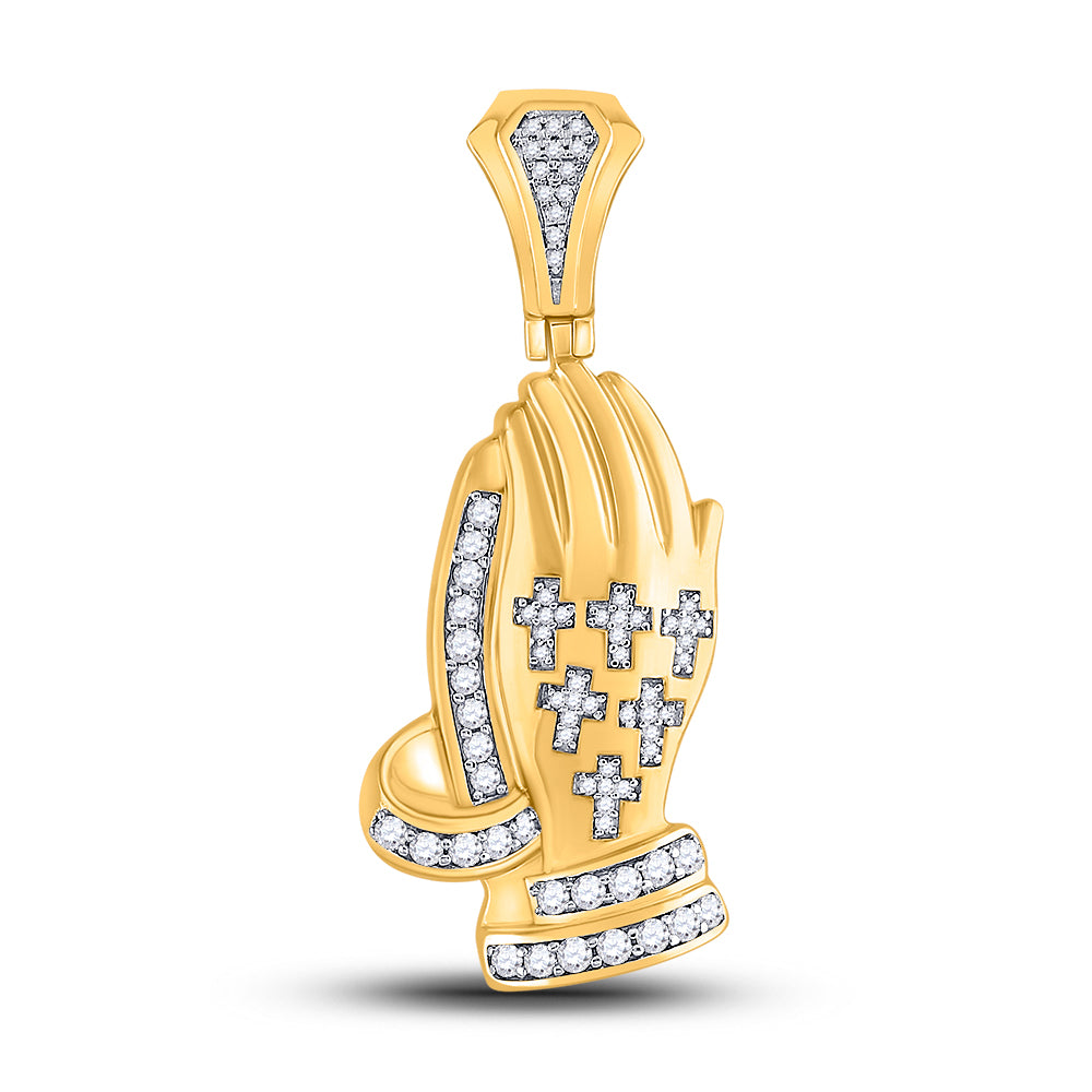 0.62 Ctw Natural Diamond Praying Hands Cross Pendant in 10k Yellow Gold