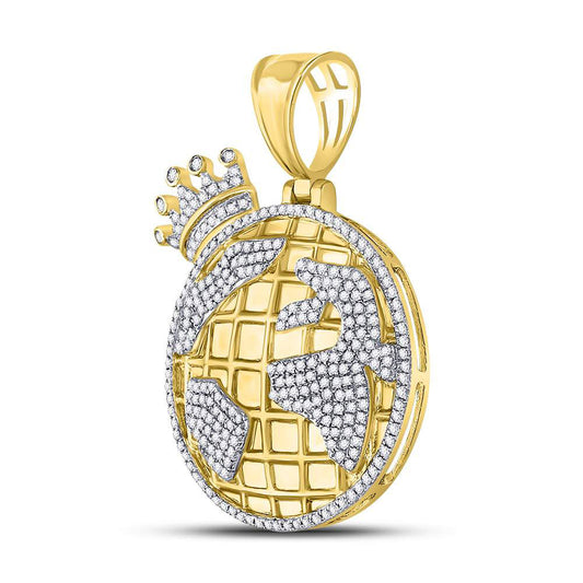 0.81 Ctw Natural Diamond Crown Globe World Pendant in 10k Yellow Gold