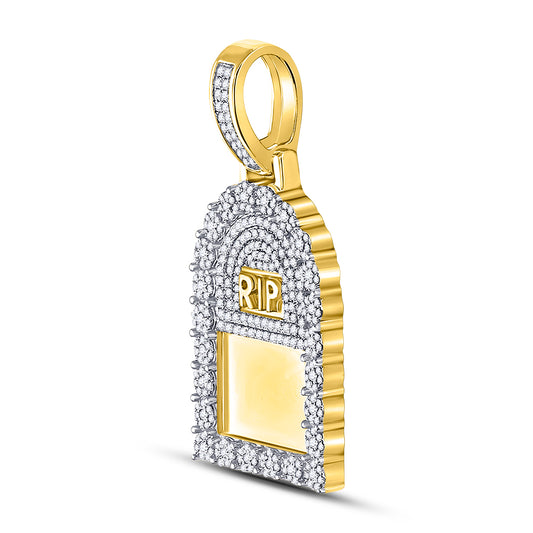 1.45 Ctw Natural Diamond RIP Tombstone Picture Memory Pendant in 10k Yellow Gold