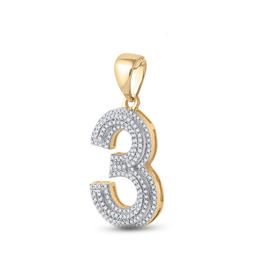 0.6 Ctw Natural Diamond Block Number 3 Pendant in 10k Yellow Gold