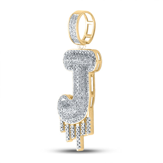 0.65 Ctw Natural Diamond Dripping Initial Letter Alphabet J Pendant in 10k Yellow Gold