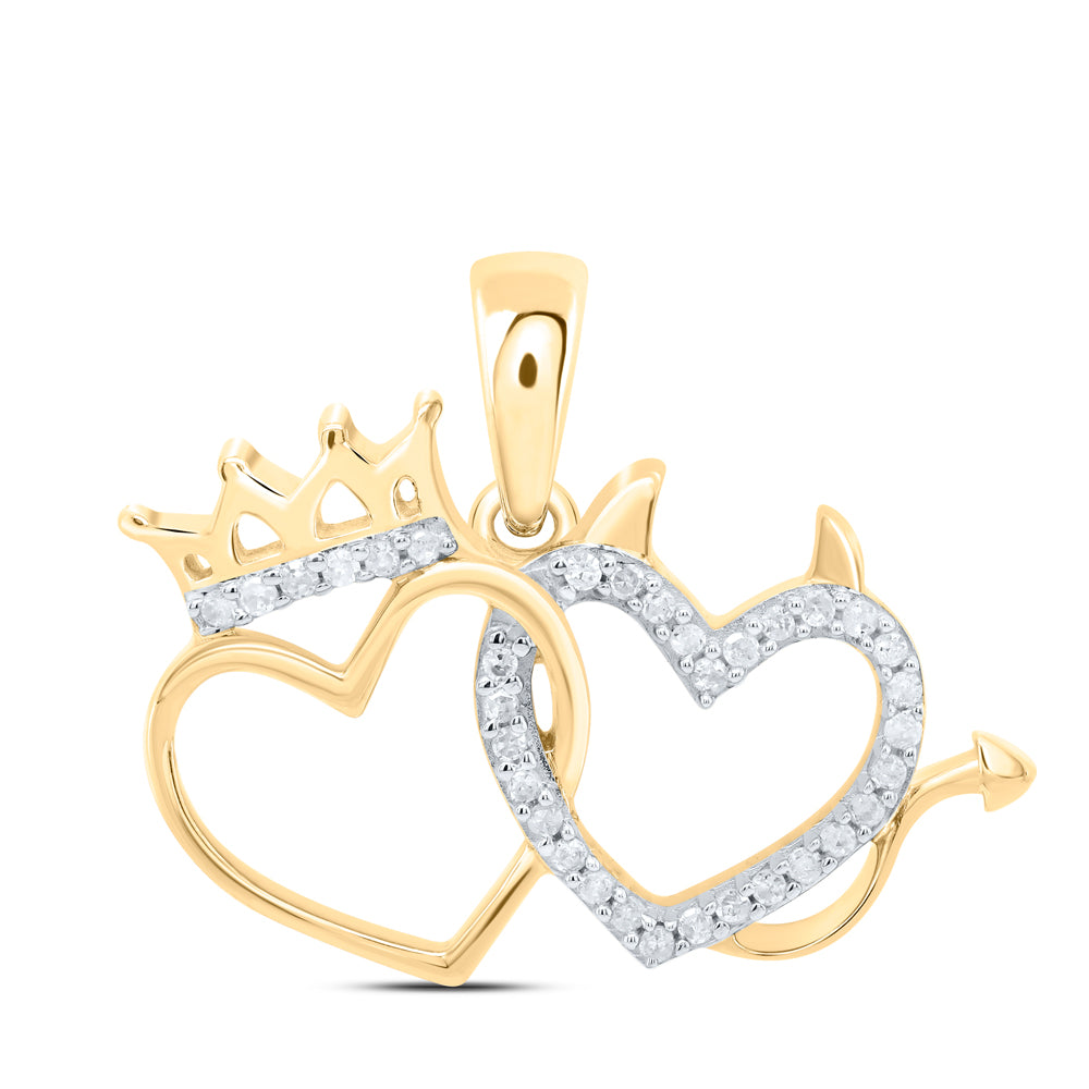 0.15 Ctw Natural Diamond Crown And Devil Double Heart Pendant in 10k Yellow Gold