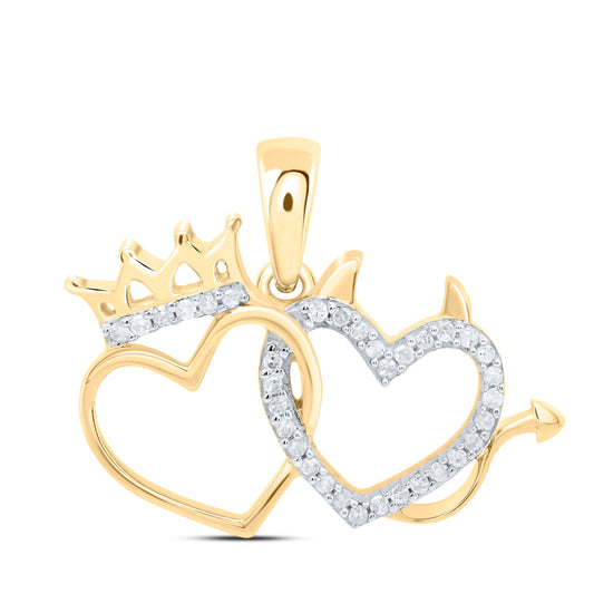 0.15 Ctw Natural Diamond Crown And Devil Double Heart Pendant in 10k Yellow Gold