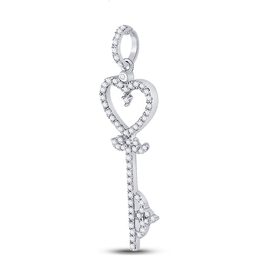 0.18 Ctw Natural Diamond Heart Key Gift Pendant in 10k White Gold