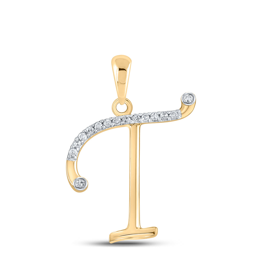 0.09 Ctw Natural Diamond Designer Initial Letter T Pendant in 10k Yellow Gold