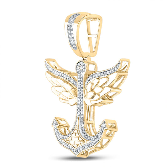 0.33 Ctw Natural Diamond Angel Wings Anchor Pendant in 10k Yellow Gold