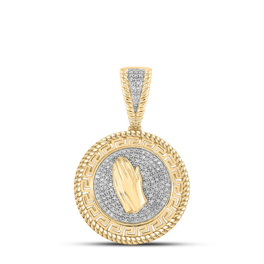 0.4 Ctw Natural Diamond Greek Medallion Praying Hand Pendant in 10k Yellow Gold