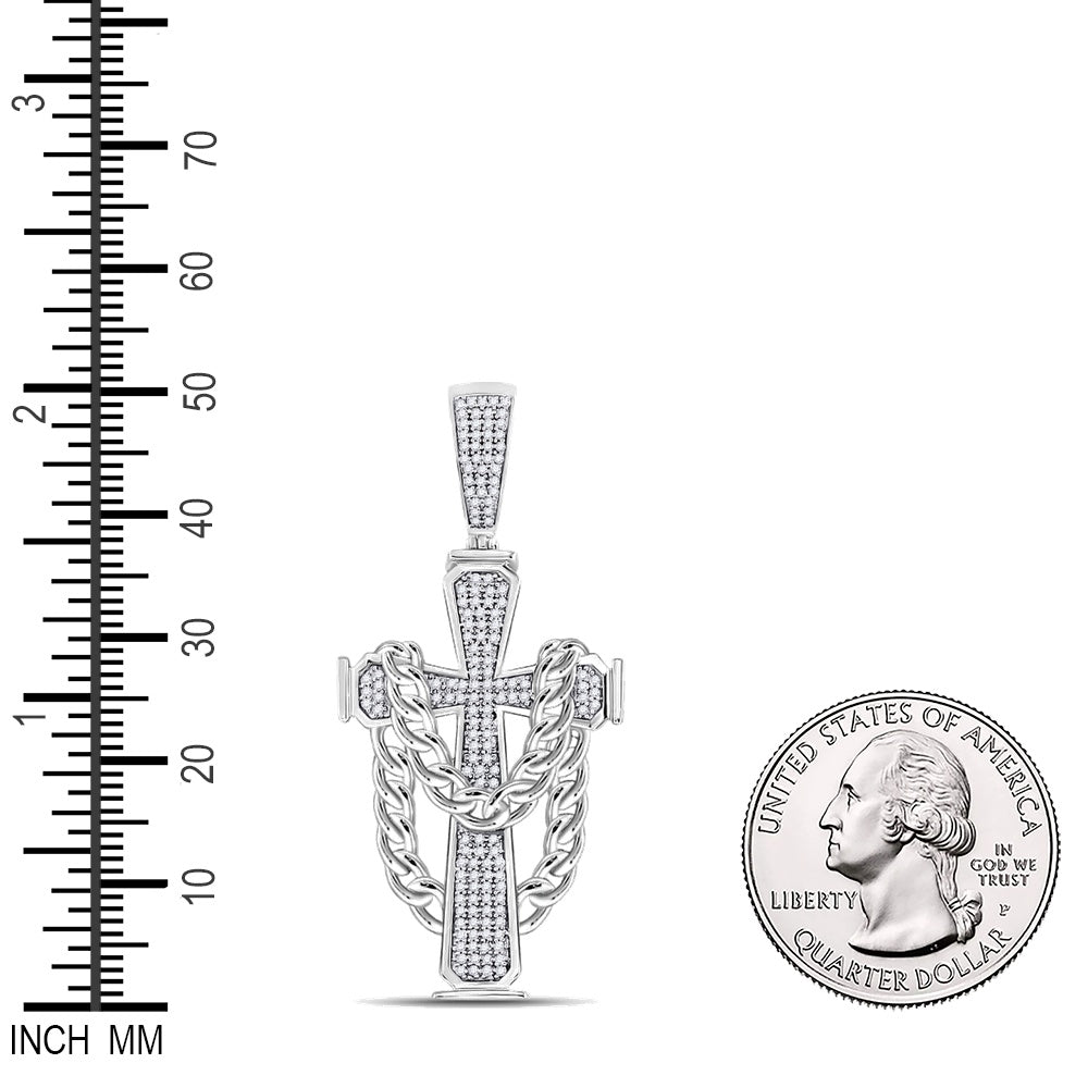 0.43 Ctw Natural Diamond Curb Link Chain Hang Cross Pendant in 10k White Gold