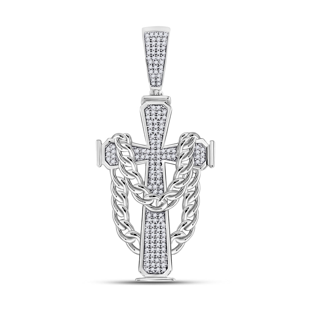 0.43 Ctw Natural Diamond Curb Link Chain Hang Cross Pendant in 10k White Gold
