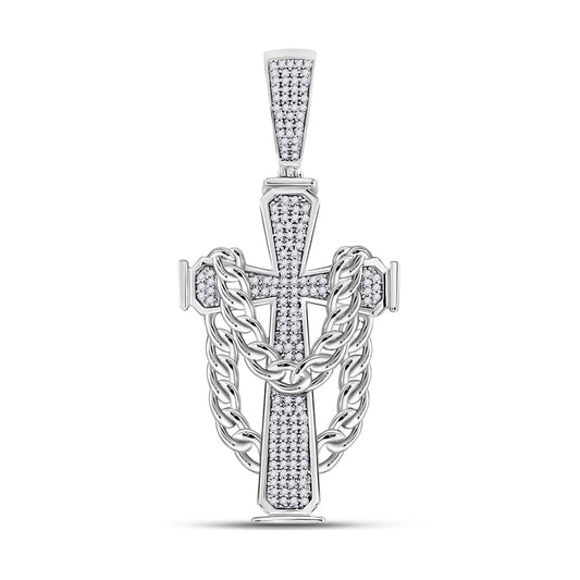 0.43 Ctw Natural Diamond Curb Link Chain Hang Cross Pendant in 10k White Gold