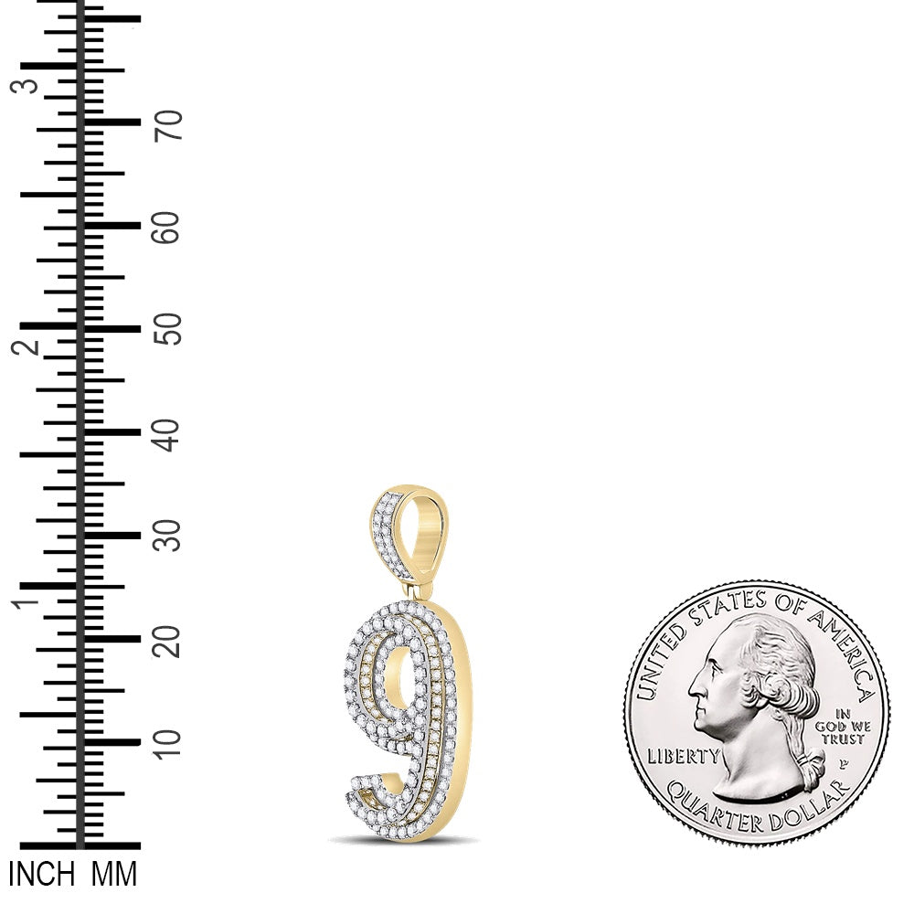 1.64 Ctw Natural Diamond Block Number 9 Nine Pendant in 10k Yellow Gold
