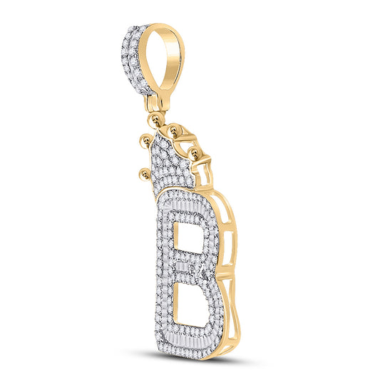0.95 Ctw Natural Diamond Crown Initial Letter Alphabet B Pendant in 10k Yellow Gold