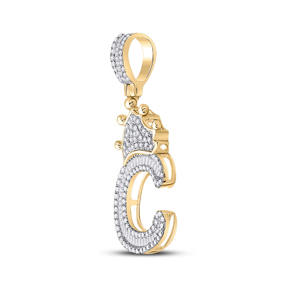 0.65 Ctw Natural Diamond Crown Initial Letter Alphabet C Pendant in 10k Yellow Gold