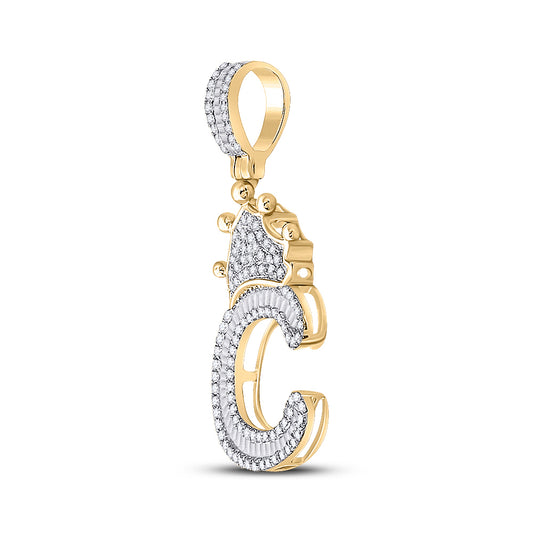 0.65 Ctw Natural Diamond Crown Initial Letter Alphabet C Pendant in 10k Yellow Gold