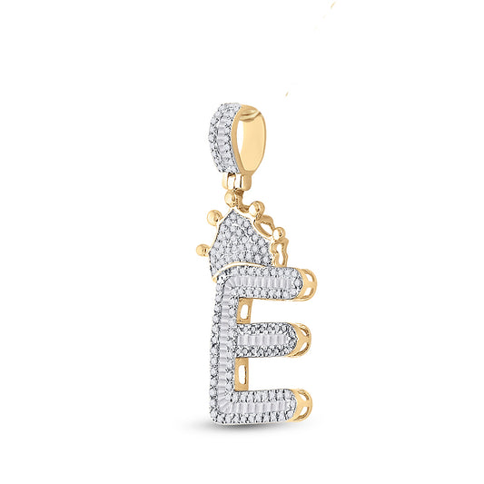 0.8 Ctw Natural Diamond Crown Initial Letter Alphabet E Pendant in 10k Yellow Gold