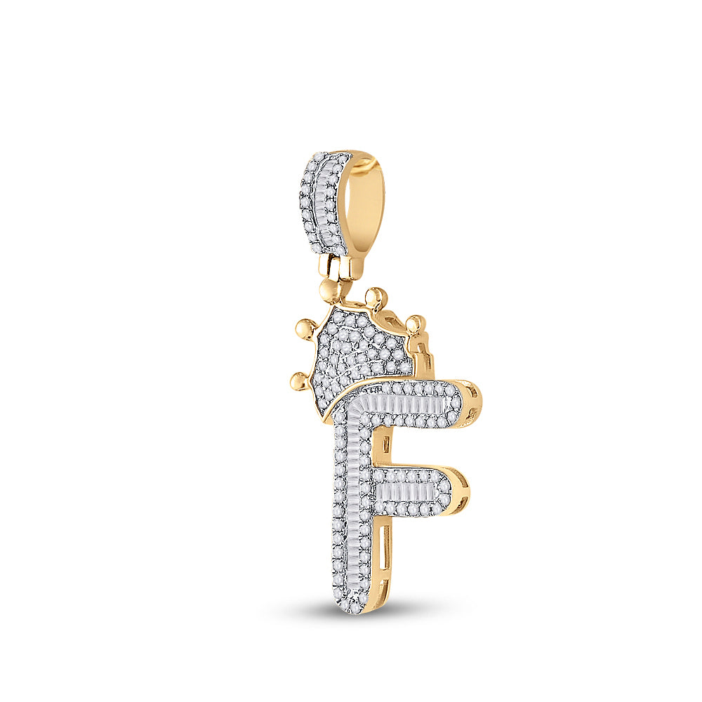 0.6 Ctw Natural Diamond Crown Initial Letter Alphabet F Pendant in 10k Yellow Gold