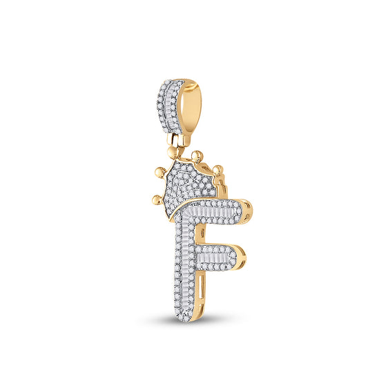 0.6 Ctw Natural Diamond Crown Initial Letter Alphabet F Pendant in 10k Yellow Gold