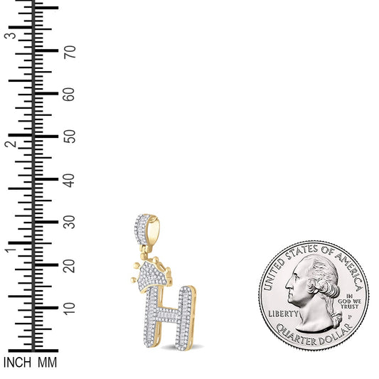 0.65 Ctw Natural Diamond Crown Initial Letter Alphabet H Pendant in 10k Yellow Gold