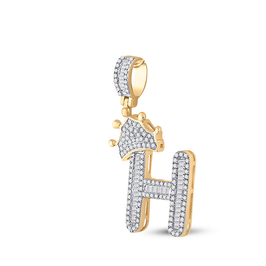 0.65 Ctw Natural Diamond Crown Initial Letter Alphabet H Pendant in 10k Yellow Gold