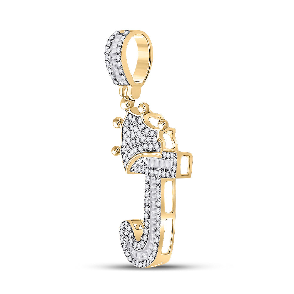 0.55 Ctw Natural Diamond Crown Initial Letter Alphabet J Pendant in 10k Yellow Gold