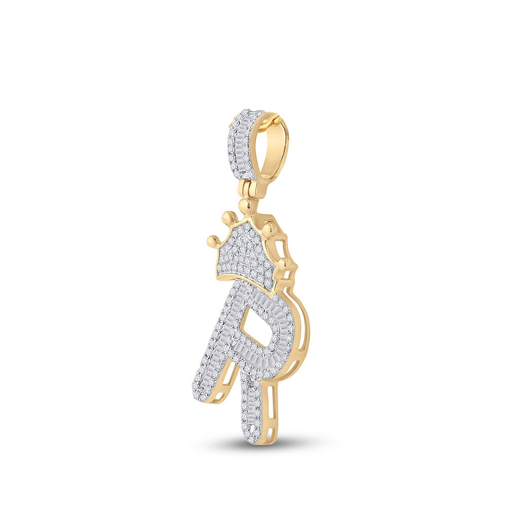 0.7 Ctw Natural Diamond Crown Initial Letter Alphabet R Pendant in 10k Yellow Gold