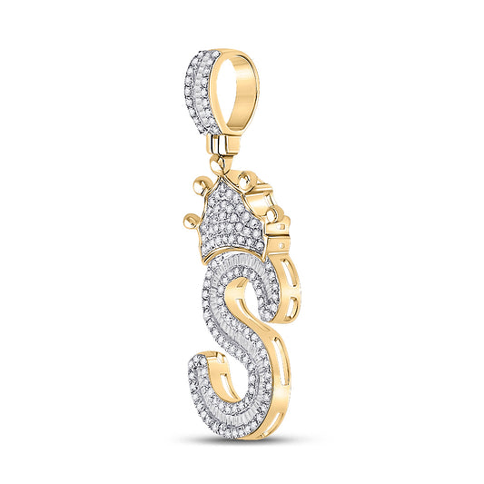 0.7 Ctw Natural Diamond Crown Initial Letter Alphabet S Pendant in 10k Yellow Gold