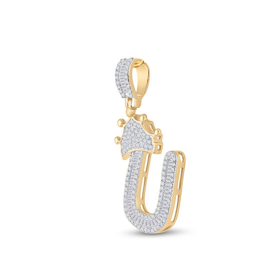 0.65 Ctw Natural Diamond Crown Initial Letter Alphabet U Pendant in 10k Yellow Gold
