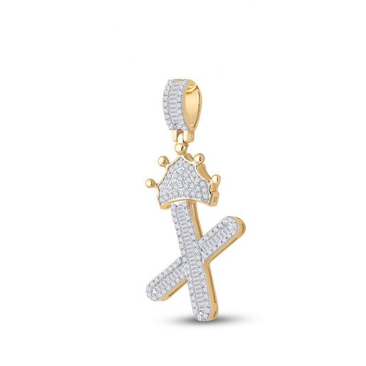 0.6 Ctw Natural Diamond Crown Initial Letter Alphabet X Pendant in 10k Yellow Gold