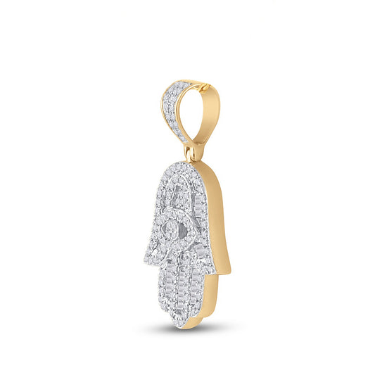 0.55 Ctw Natural Diamond Evil Eye Hamza Religious Pendant in 14k Yellow Gold