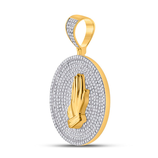 1 Ctw Natural Diamond Praying Hands Medallion Pendant in 10k Yellow Gold