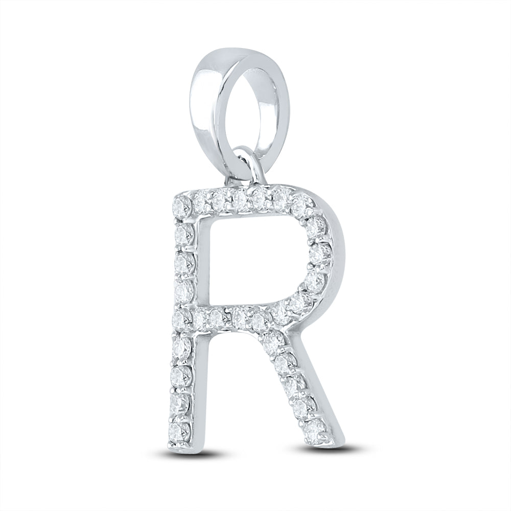 0.22 Ctw Natural Diamond Block Initial Letter R Pendant in 10k White Gold
