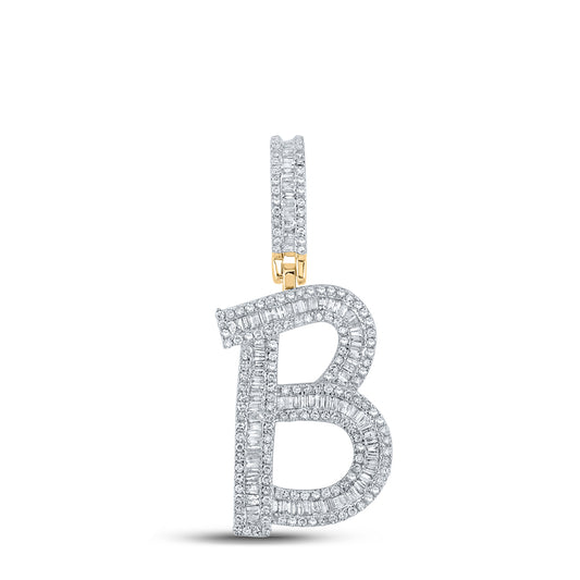 0.98 Ctw Natural Diamond Baguette Initial Letter Alphabet B Pendant in 10k Yellow Gold